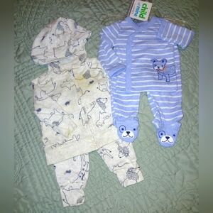Child of Mine Blue and Cream Dinosaur Baby One Piece Set